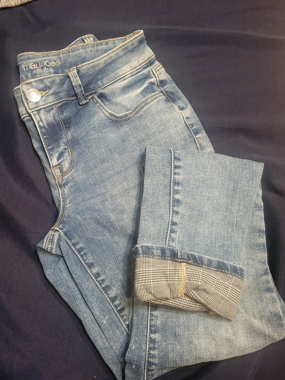 Maurices Light Blue Skinny Jeans with Cuffed Plaid Detail